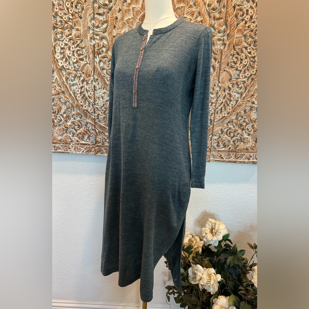 Aurelia Steel Blue Floral Embroidered Back Bohemian Warm Midi Sweater Dress - Picture 5 of 16